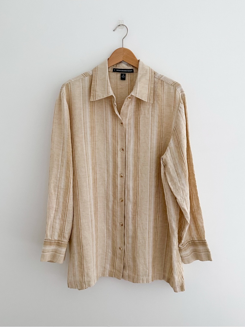 Vintage 100% Linen Shirt Women's Size 18 Striped Tan Button Down Oversized Top